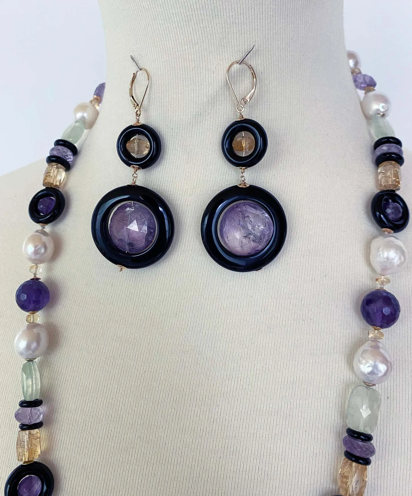 Amethyst, Citrine and Black Onyx Earrings with 14k Yellow Gold - Image 3