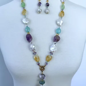 Amethyst, Citrine, Chalcedony & Baroque Pearl Sautoir with Solid 14k Yellow Gold