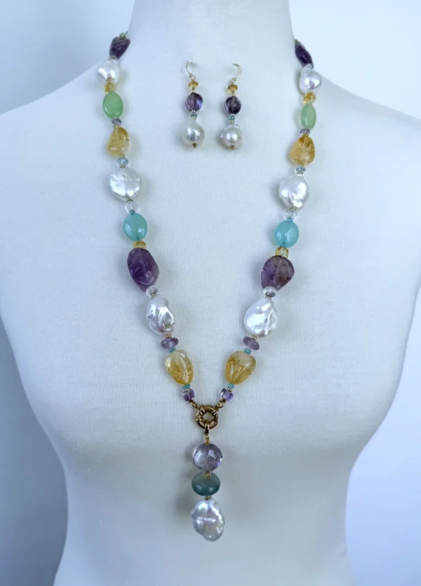Amethyst, Citrine, Chalcedony & Baroque Pearl Sautoir with Solid 14k Yellow Gold