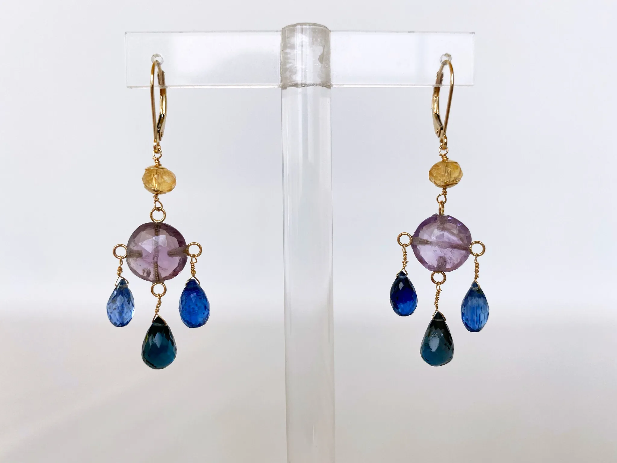 Amethyst, Citrine, Topaz & Kyanite Chandelier Earrings with 14K Gold