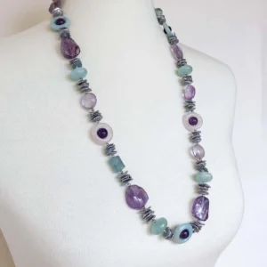 Amethyst, Rose Quartz, Grey Pearl & Aquamarine Infinity Necklace