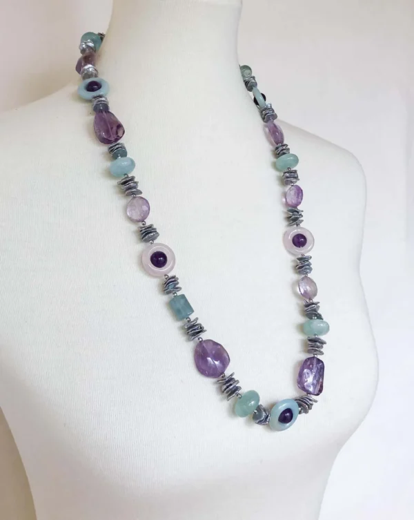 Amethyst, Rose Quartz, Grey Pearl & Aquamarine Infinity Necklace