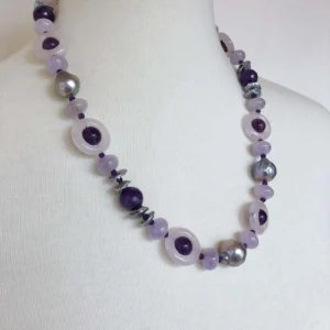 Amethyst, Rose Quartz & Grey Pearl Necklace with Rhodium Silver Clasp