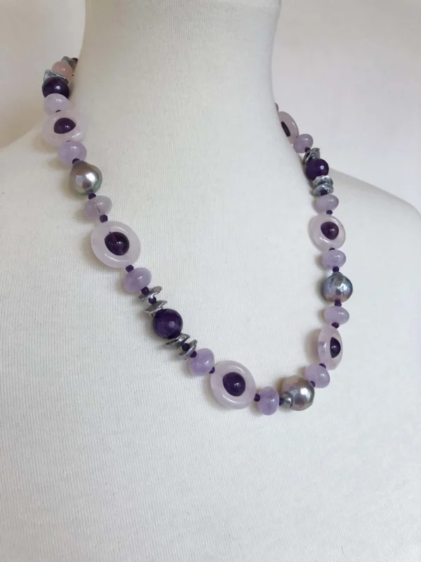 Amethyst, Rose Quartz & Grey Pearl Necklace with Rhodium Silver Clasp
