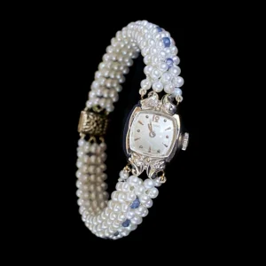 Antique 14k Longines Diamond Encrusted Watch with Blue Sapphire and Pearl Band
