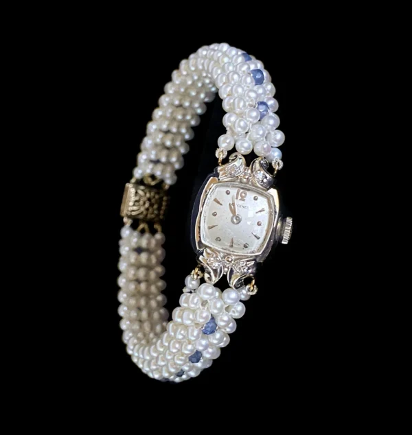 Antique 14k Longines Diamond Encrusted Watch with Blue Sapphire and Pearl Band