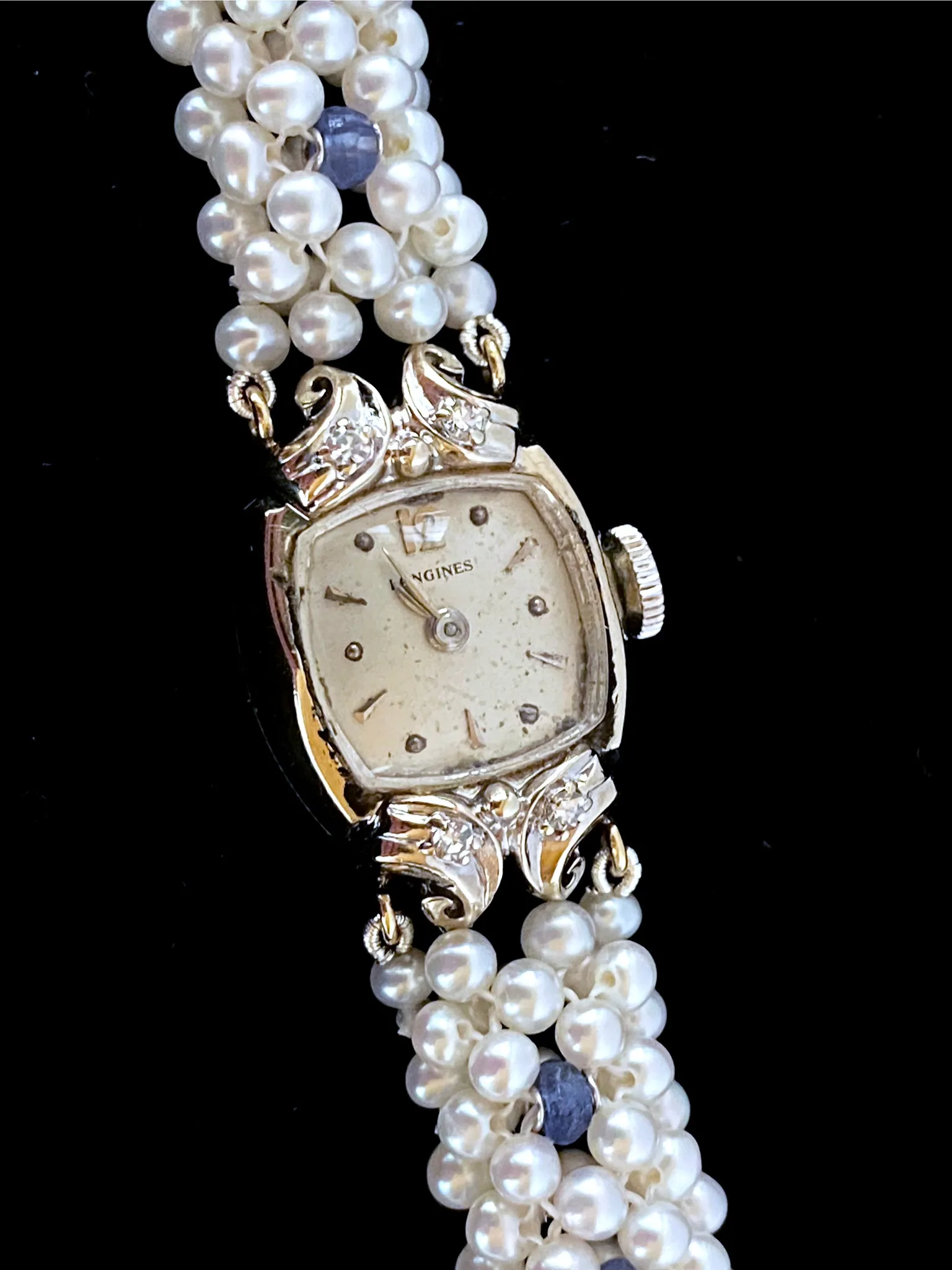 Antique 14k Longines Diamond Encrusted Watch with Blue Sapphire and Pearl Band - Image 2