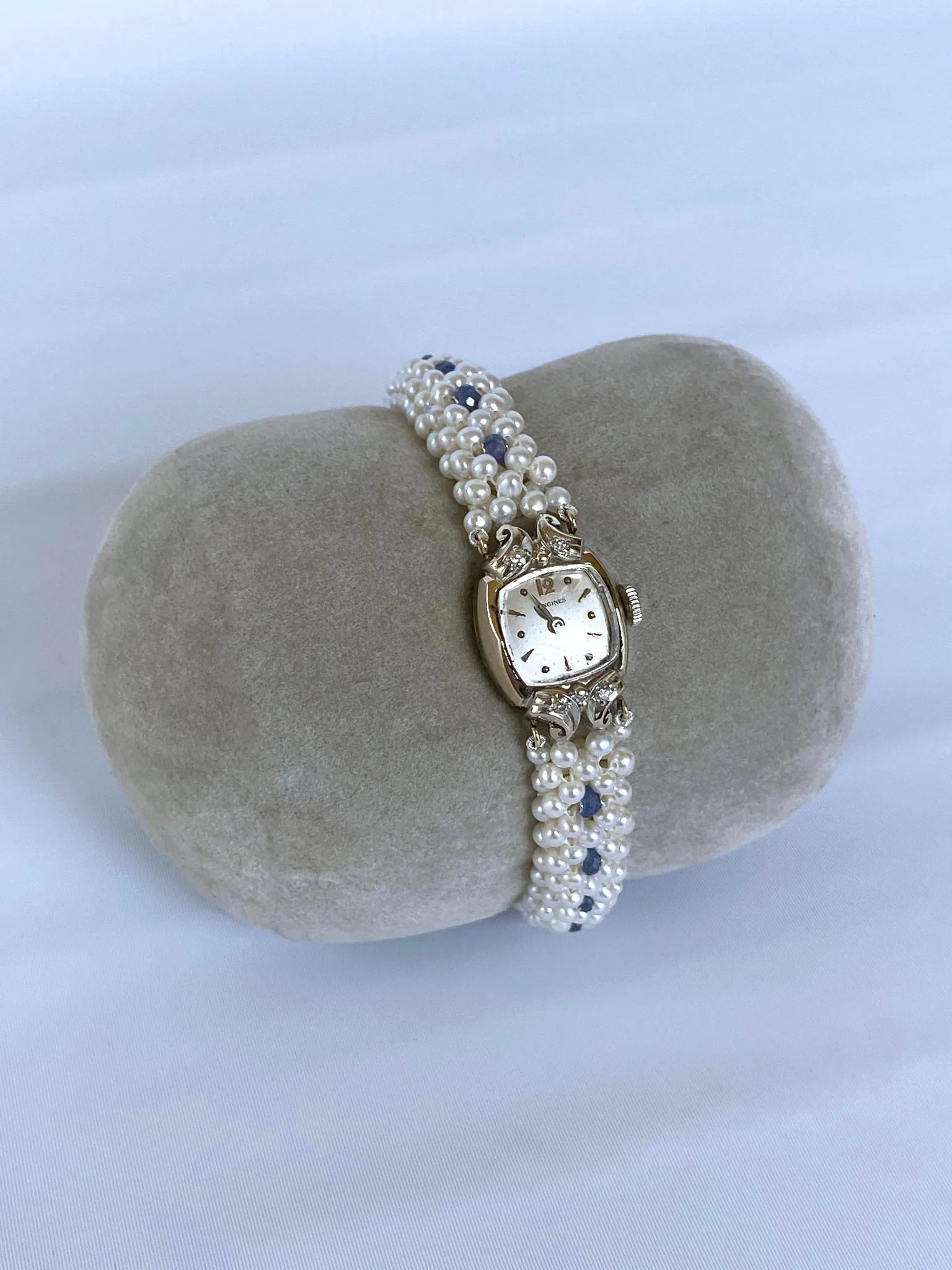 Antique 14k Longines Diamond Encrusted Watch with Blue Sapphire and Pearl Band - Image 3