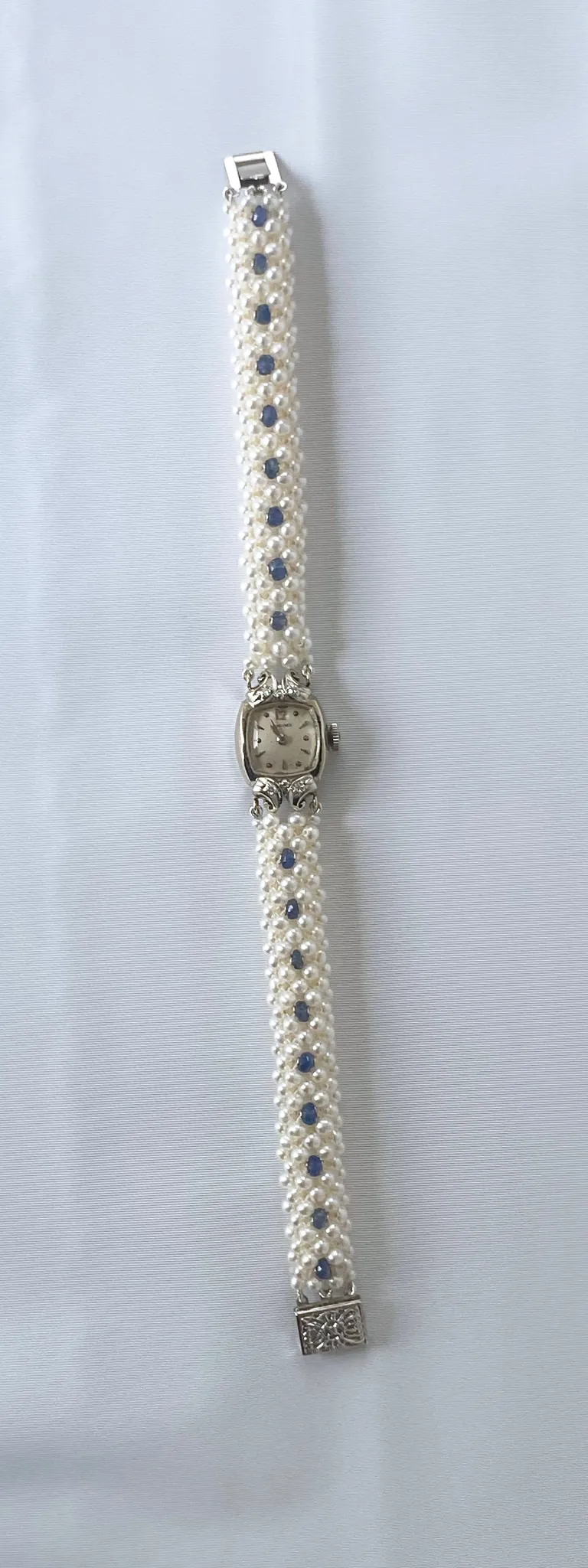 Antique 14k Longines Diamond Encrusted Watch with Blue Sapphire and Pearl Band - Image 4