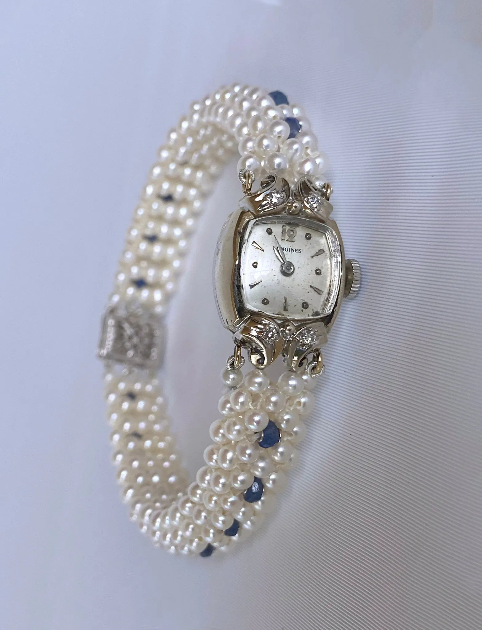 Antique 14k Longines Diamond Encrusted Watch with Blue Sapphire and Pearl Band - Image 5