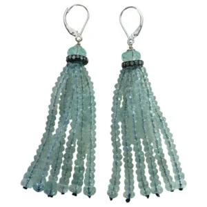 Aquamarine Graduated Tassel Earrings with 14k White Gold Lever-backs