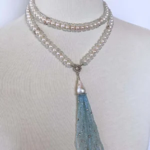 Aquamarine, Pearl & 14k White Gold Woven Sautoir