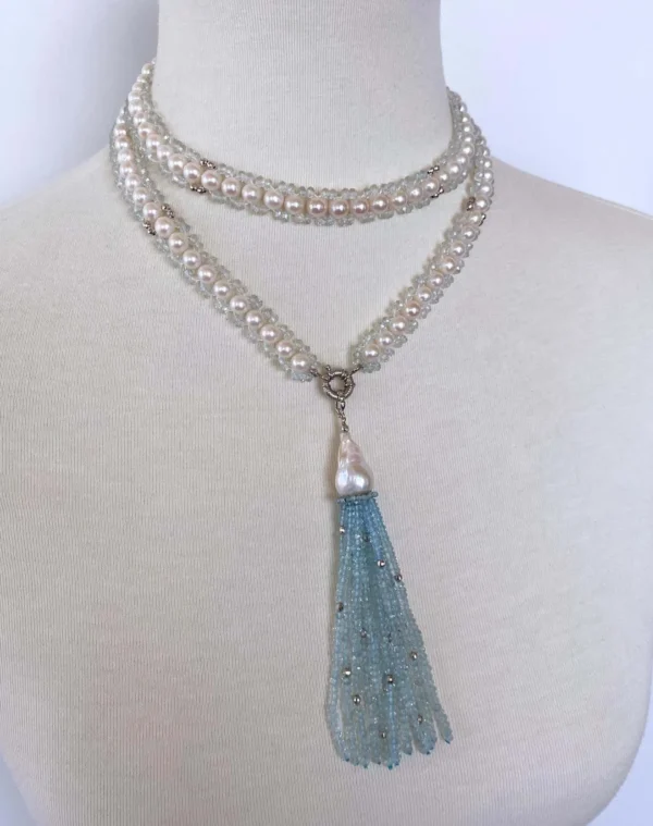 Aquamarine, Pearl & 14k White Gold Woven Sautoir