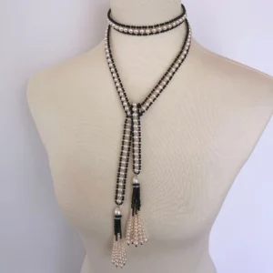Art Deco Inspired Pearl & Black Onyx Sautoir with Graduated Tassels