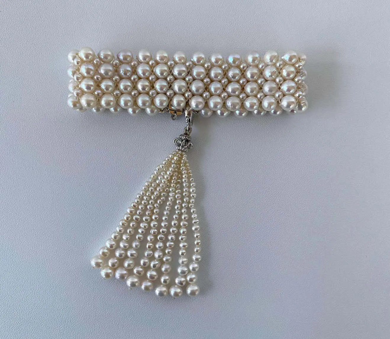 Art Deco Inspired Woven Pearl Bracelet with Pearl Tassel & Rhodium - Image 2