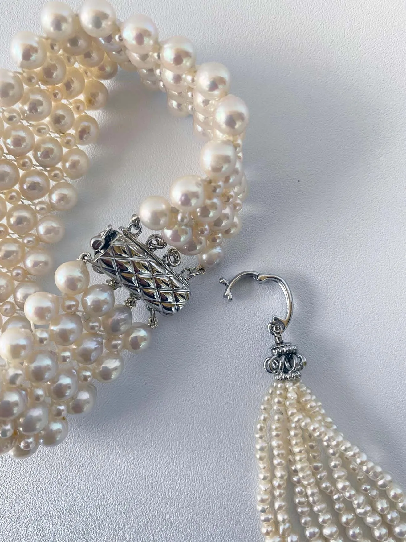 Art Deco Inspired Woven Pearl Bracelet with Pearl Tassel & Rhodium - Image 4