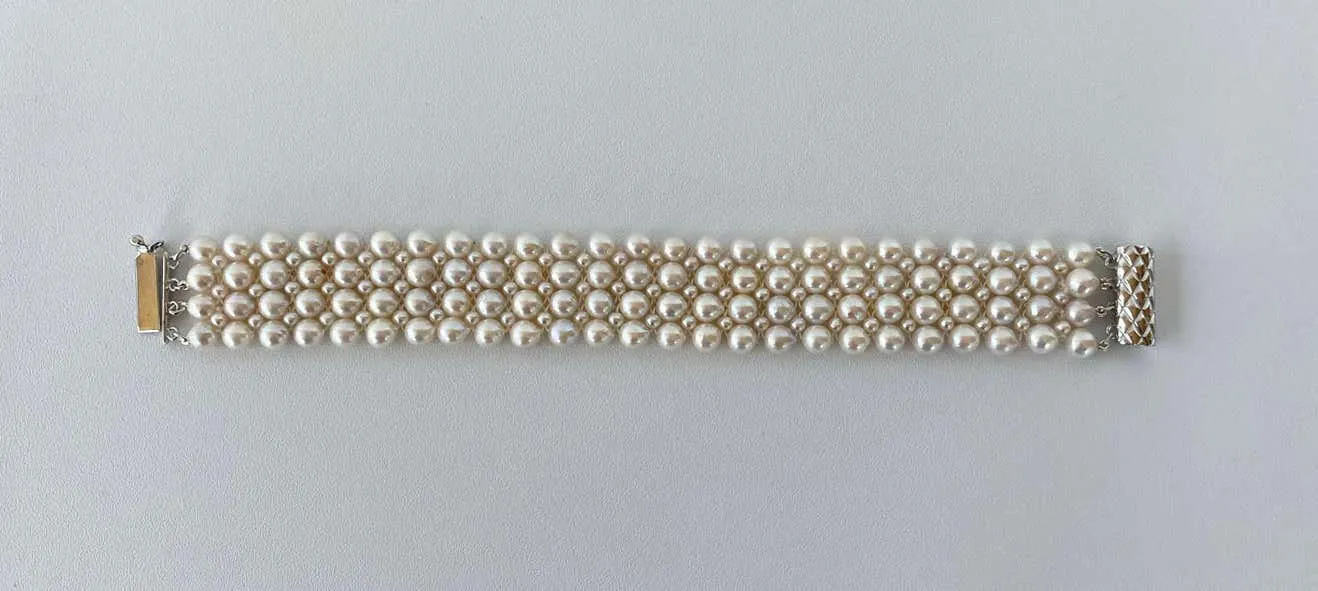 Art Deco Inspired Woven Pearl Bracelet with Pearl Tassel & Rhodium - Image 5