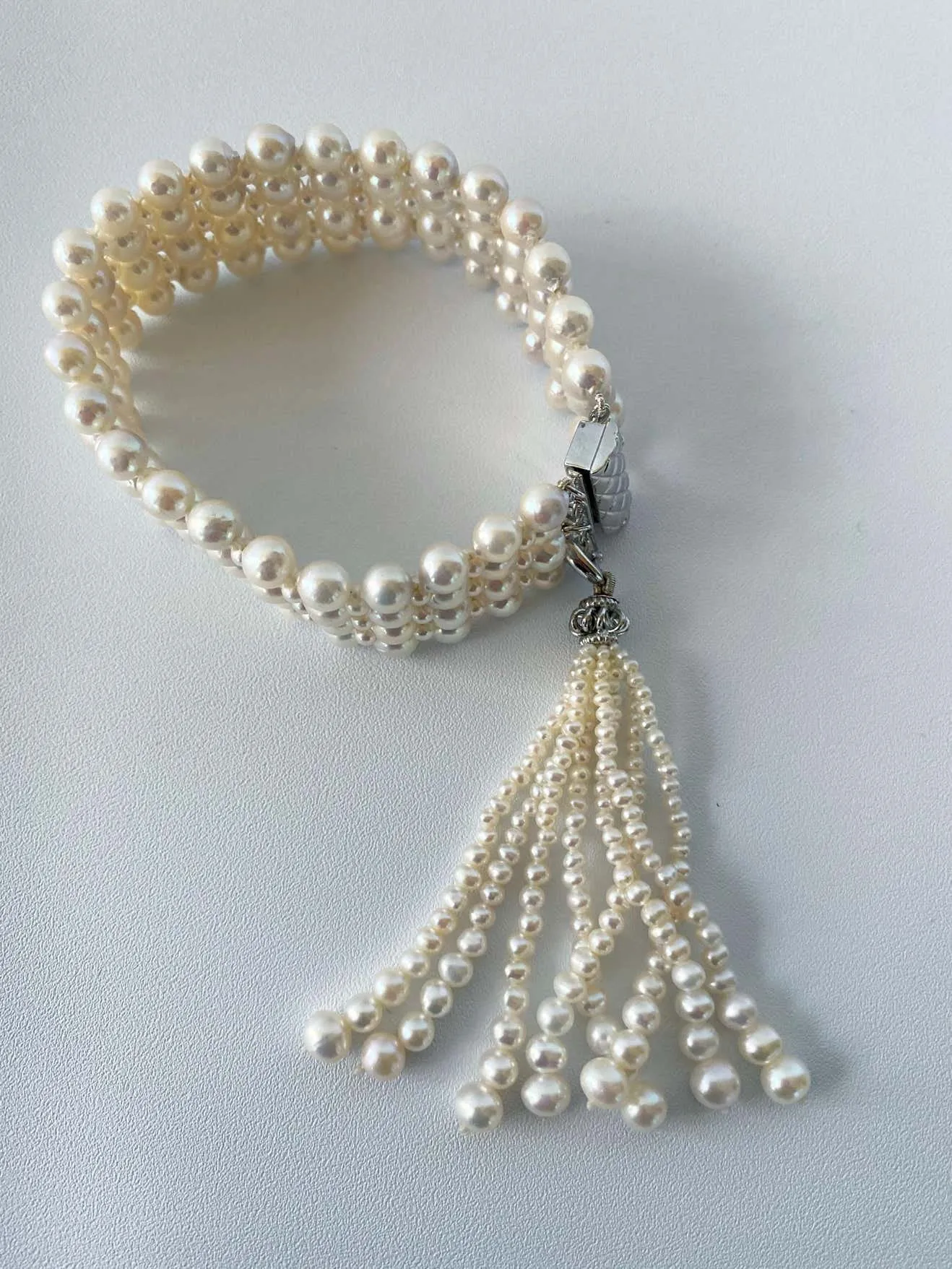 Art Deco Inspired Woven Pearl Bracelet with Pearl Tassel & Rhodium - Image 6