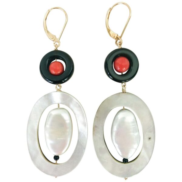 "Art Deco" Inspired Pearl Earrings with Coral, Onyx, Mother of Pearl & Solid 14k Gold Lever Back Hooks