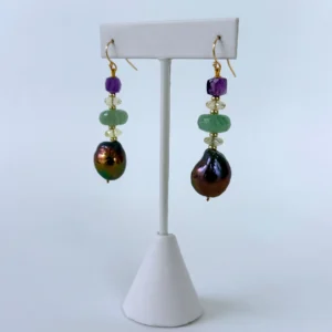 Baroque Black Pearl, Amethyst, Chalcedony, Citrine & Solid 14k Earrings