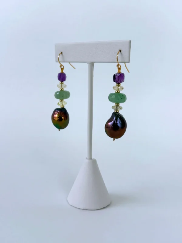 Baroque Black Pearl, Amethyst, Chalcedony, Citrine & Solid 14k Earrings