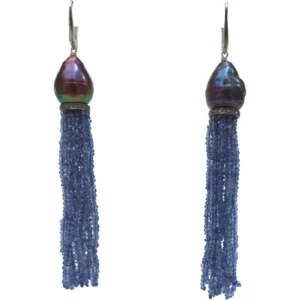 Baroque Black Pearl & Iolite Bead Tassel Earrings with Silver and Gold