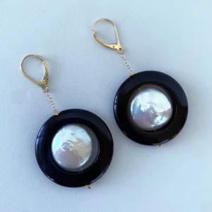 Baroque Pearl & Black Onyx Earrings with solid 14k Yellow Gold