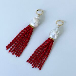 Baroque Pearl, Coral & 14k Gold Tassel Earrings