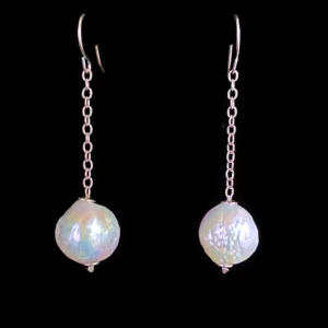 Baroque Pearl Dangle Earring with solid 14k White Gold Chain & Hook