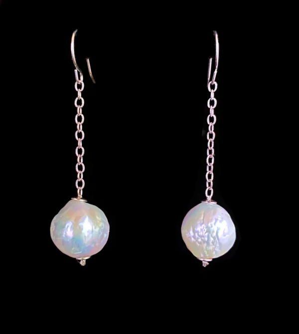 Baroque Pearl Dangle Earring with solid 14k White Gold Chain & Hook