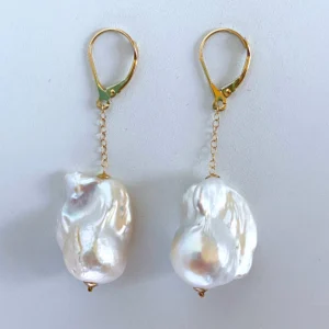 Baroque Pearl Dangle Earring with solid 14k Yellow Gold Lever Back Hook