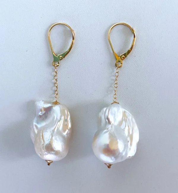 Baroque Pearl Dangle Earring with solid 14k Yellow Gold Lever Back Hook