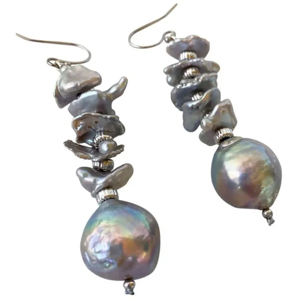 Baroque Pearl Dangle Earrings with Iridescent Grey Pearl and 14K Gold