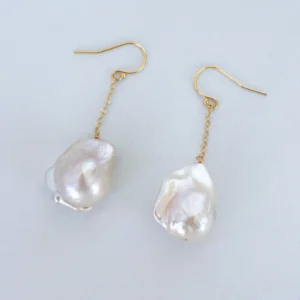Baroque Pearl Dangle Earrings with Solid 14k Yellow Gold