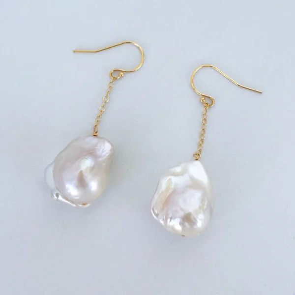 Baroque Pearl Dangle Earrings with Solid 14k Yellow Gold