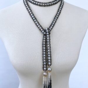 Black & Grey Pearl Sautoir with Diamonds & Pearl Ombre Tassels