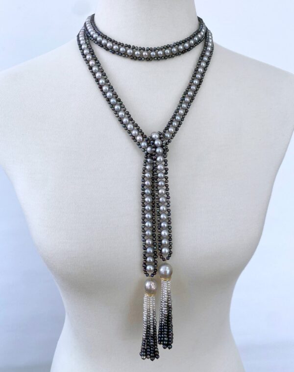 Black & Grey Pearl Sautoir with Diamonds & Pearl Ombre Tassels