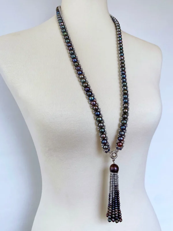 Black & Grey Pearl Sautoir with Solid 14k Removable Tassel