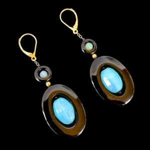 Black Onyx, Apatite, Opal & Solid 14k Yellow Gold Dangle Earrings