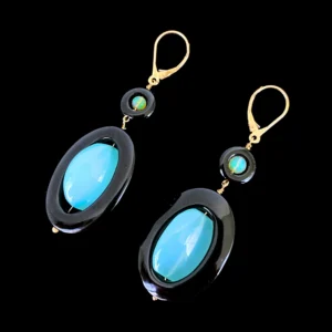 Black Onyx, Fire Opal & Chalcedony Earrings with solid 14k Lever Backs