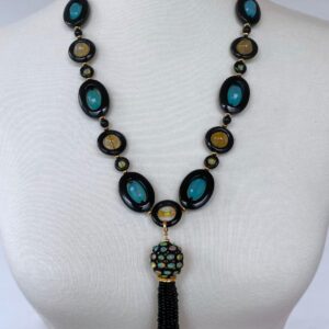 Black Onyx, Fire Opal, Rutilated Quartz & Solid 14k Yellow Gold Necklace with Tassel
