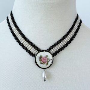 Black Onyx, Pearl & Silver Necklace with Vintage Centerpiece