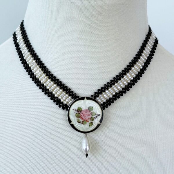 Black Onyx, Pearl & Silver Necklace with Vintage Centerpiece