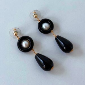 Black Onyx, Pearl & Solid 14k Art Deco Dangle Earrings
