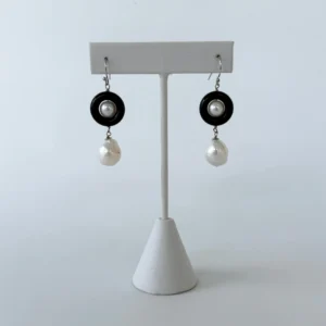 Black Onyx, Pearl & Solid 14k 'Art Deco' Dangle Earrings
