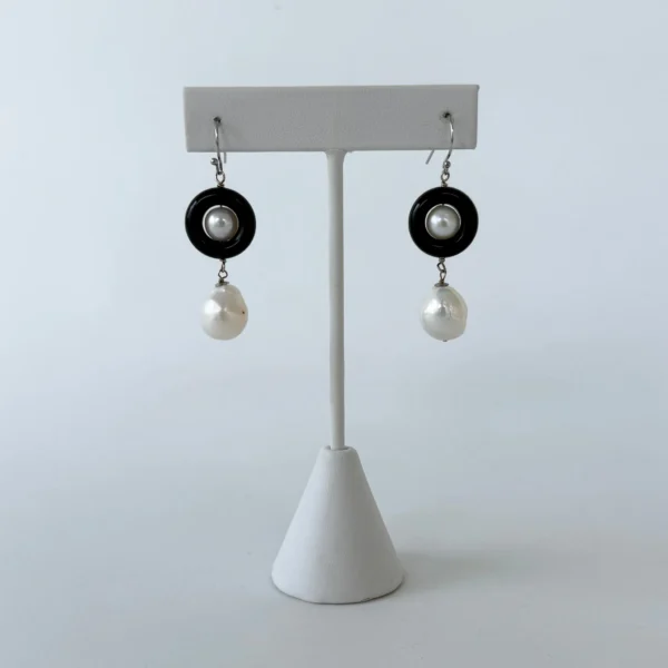 Black Onyx, Pearl & Solid 14k 'Art Deco' Dangle Earrings