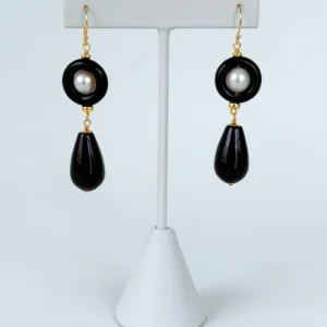 Black Onyx & Pearl & Solid 14k 'Art Deco' Dangle Earrings