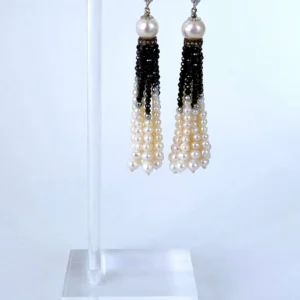 Black Onyx, Pearl & Solid 14k White Gold Tassel Earrings