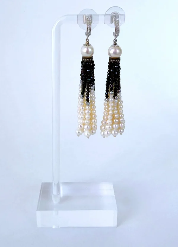 Black Onyx, Pearl & Solid 14k White Gold Tassel Earrings