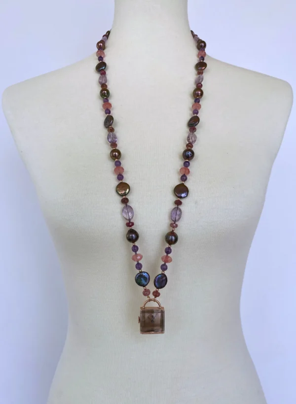 Black Pearl, Amethyst, Pink Tourmaline, Cherry Quartz and 14K Rose Gold Sautoir